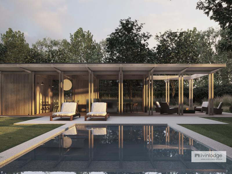 Moderne poolhouse met houten terras en zonneluifel