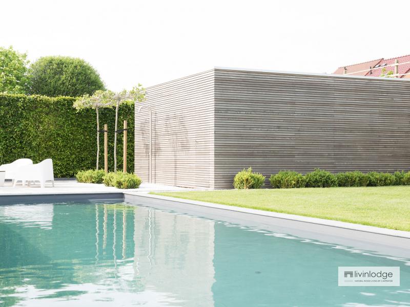Moderne poolhouse met tuinberging Merchtem | Houten bijgebouwen op maat
