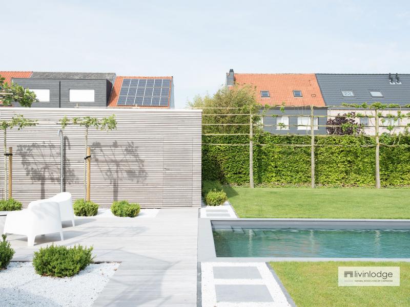 Moderne poolhouse met tuinberging Merchtem | Houten bijgebouwen op maat