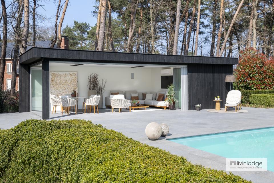 Comfortabele moderne poolhouse in gebrand hout