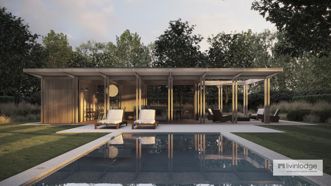Design poolhouse met lamellendak en houten terras